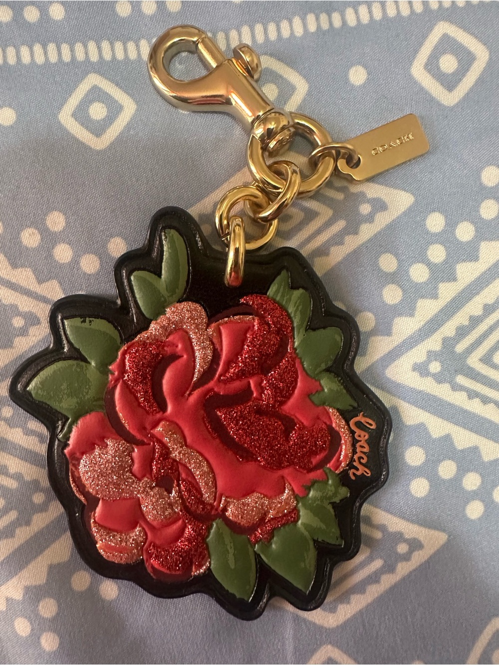 Coach Pink & Green Floral Leather Key Charm with Gold Hardware - Picture 2 of 4